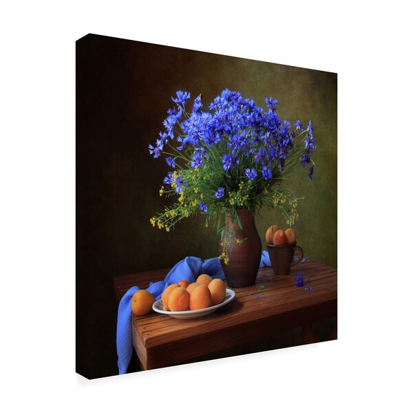 Tatyana Skorokhod 'Still Life With A Bouquet Of Cornflowers And Apricots' Canvas Art,18x18